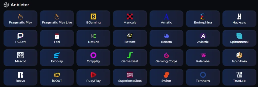 BuffBets Casino Anbieter Übersicht mit verschiedenen Spieleentwicklern