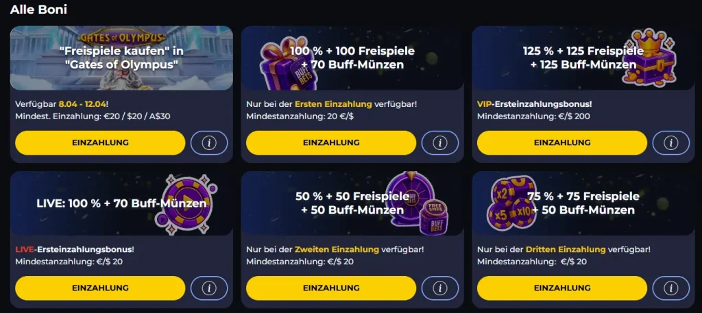 BuffBets Casino Bonus Angebote mit Einzahlungsboni und Freispiele