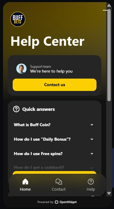 BuffBets Casino Help Center mit Support Team und FAQ Bereich