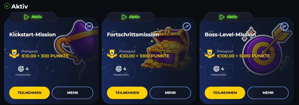 BuffBets Casino aktive Missionen mit Preispool und Punkten