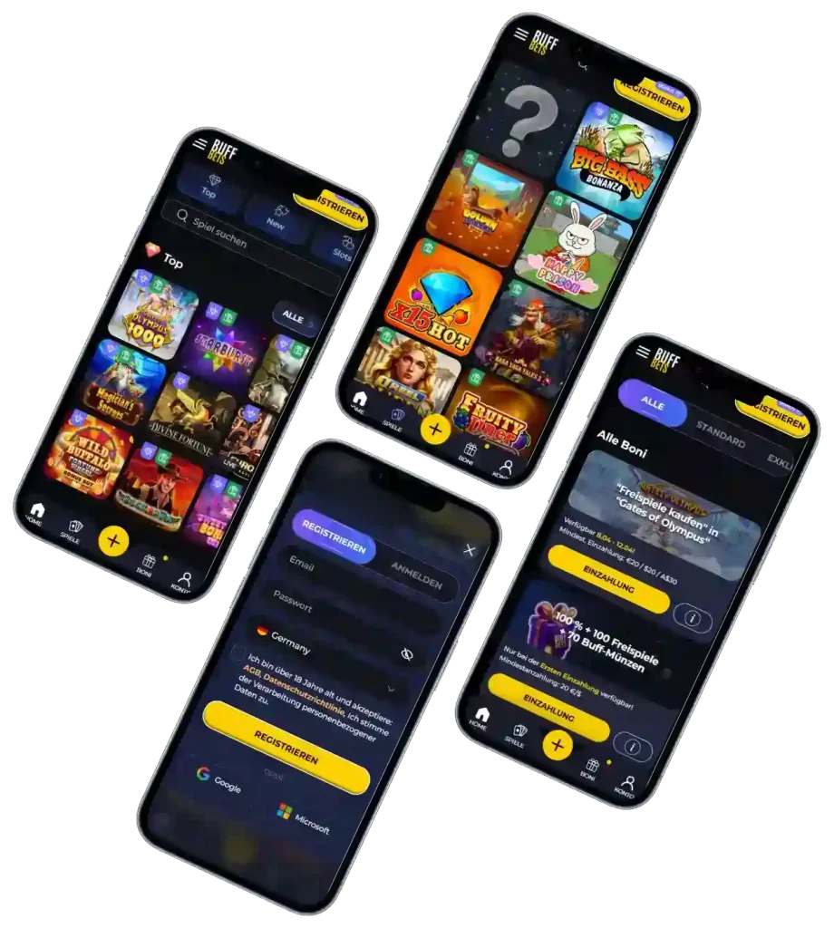 BuffBets Casino mobile Ansicht mit Slots, Bonusbereich und Registrierung