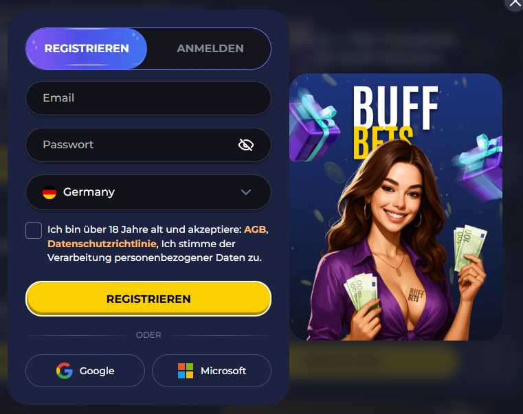 BuffBets Casino Registrierungsformular mit Login und Kontoerstellung