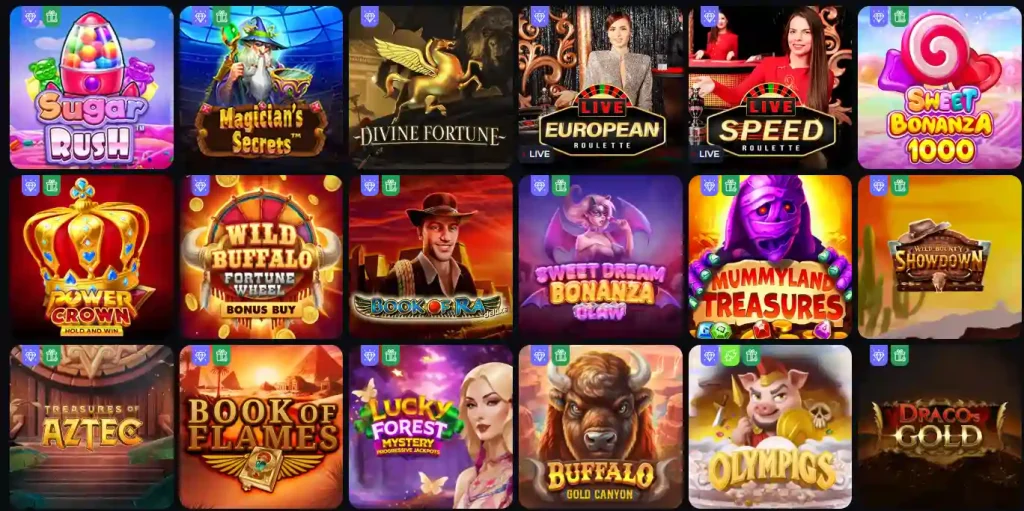 BuffBets Casino Slot Spiele Auswahl mit verschiedenen beliebten Automaten