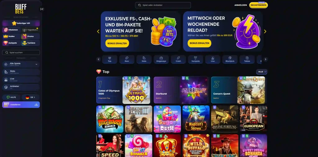 BuffBets Casino Startseite mit Spiele Lobby, Slots und Menü